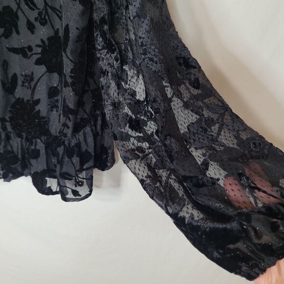 Express Top Black Floral Velvet Burnout Womens M Ruffles Sheer Sleeve Fairy Goth - Picture 3 of 10
